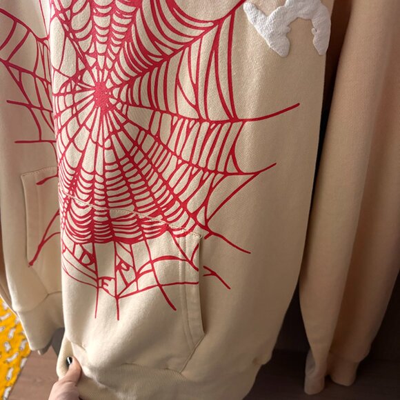 Sp5der Cream Loose Embroidered Spider Logo Hoodie - Picture 2 of 5